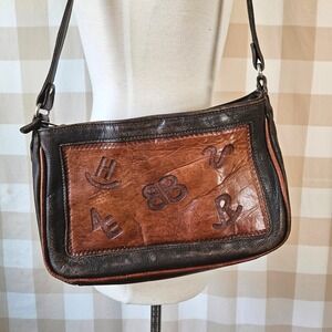 Vtg American West Western Brown Aged Leather Shoulder Bag Tooled Ranch Brands